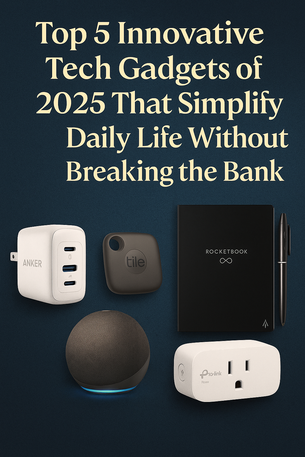 Collection of five modern gadgets—including a charger, tracker, smart speaker, reusable notebook, and smart plug—shown on a dark blue background, with elegant serif text reading: “Top 5 Innovative Tech Gadgets of 2025 That Simplify Daily Life Without Breaking the Bank.”