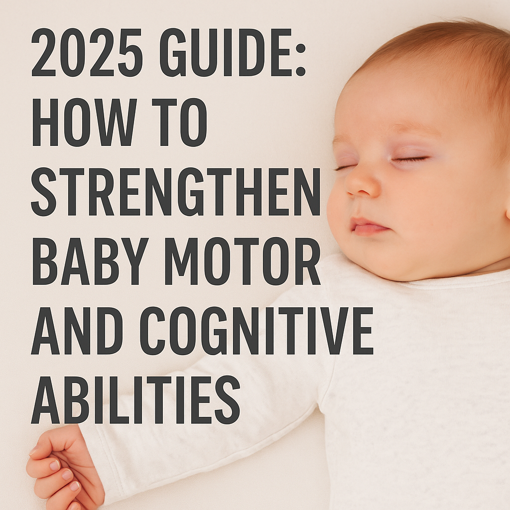 Sleeping baby in white onesie next to bold headline text: “2025 Guide: How to Strengthen Baby Motor and Cognitive Abilities” on a neutral beige background.