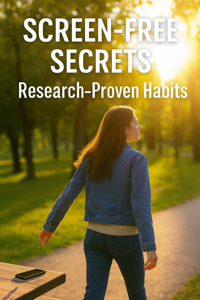 A young woman in a denim jacket steps away from her smartphone at sunset, walking along a tree-lined path bathed in warm golden light. Bold white text at the top reads “SCREEN-FREE SECRETS,” with “Research-Proven Habits” below, conveying a serene moment of unplugging in nature.