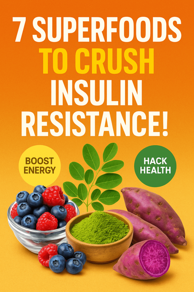 “Bold orange graphic with the headline ‘7 SUPERFOODS TO CRUSH INSULIN RESISTANCE!’, featuring vivid illustrations of blueberries, raspberries, matcha powder, moringa leaves, and purple sweet potatoes, with stickers reading ‘BOOST ENERGY’ and ‘HACK HEALTH.’