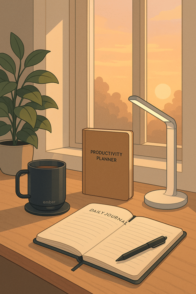 Semi-realistic digital illustration of a cozy, sunlit workspace: a wooden desk holds an open journal labeled ‘Daily Journal,’ a closed ‘Productivity Planner,’ an Ember smart mug, a modern desk lamp, and a potted plant, with golden morning light streaming through a divided window.