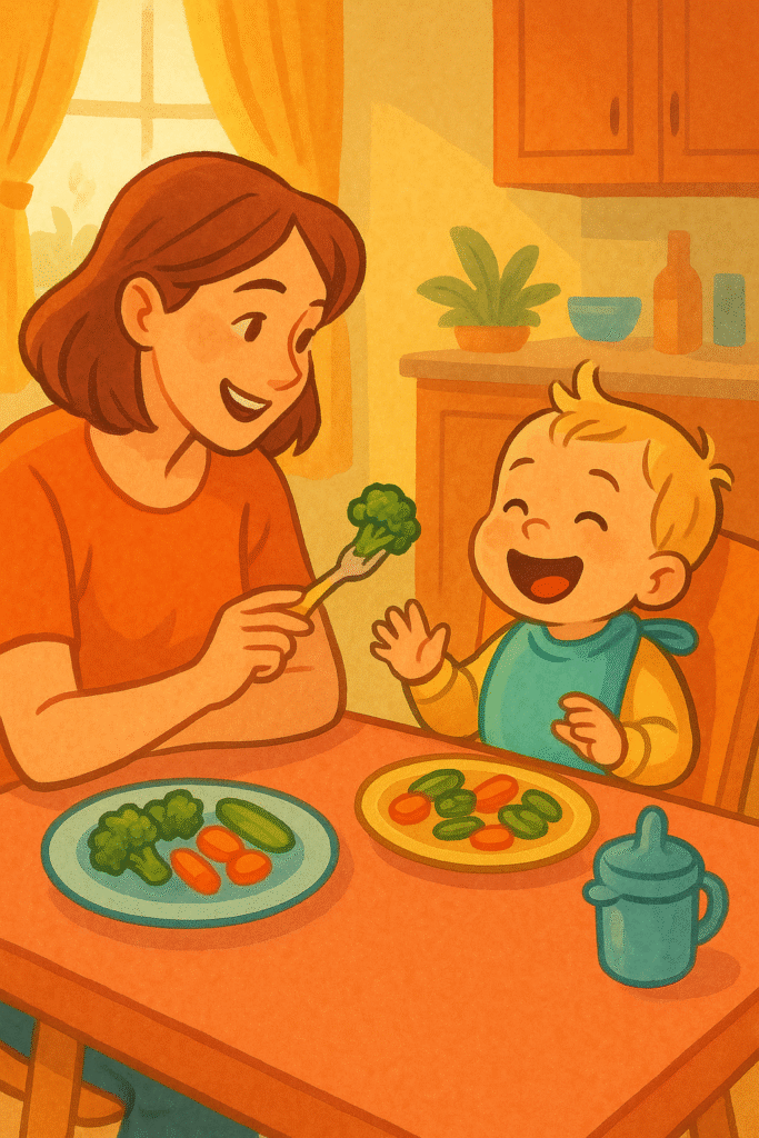 A vibrant, science-inspired digital illustration of a toddler at a kitchen table, smiling as mom offers a piece of broccoli, with colorful vegetables neatly arranged.