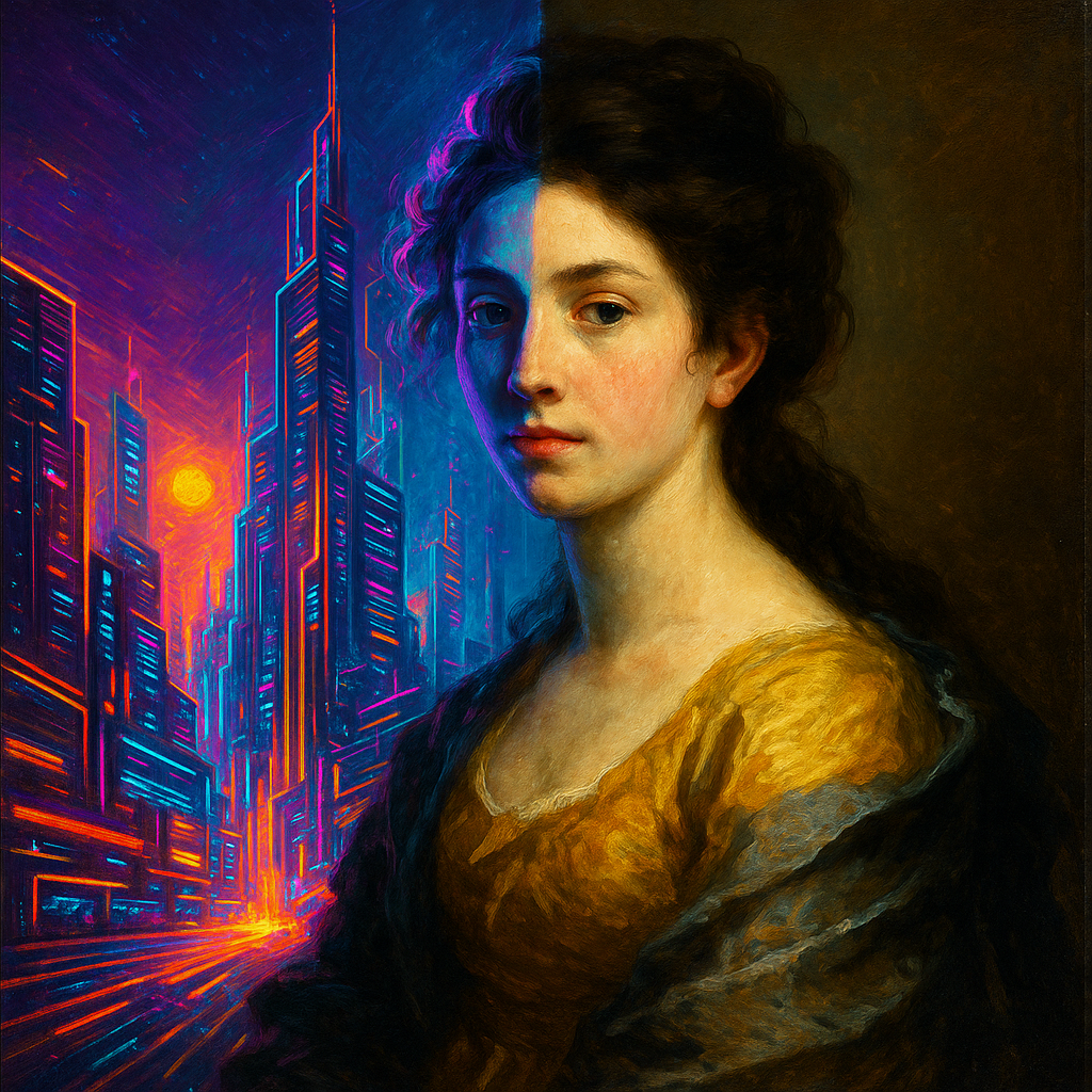 Futuristic digital collage showing fused artistic styles—classical oil painting meets neon cyberpunk—symbolizing Midjourney 6’s real-time style fusion.