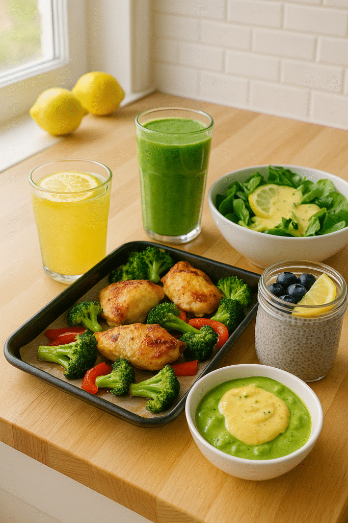 A bright wooden countertop displaying five lemon-infused dishes: a glass of lemon-ginger tonic, a green smoothie, a lemon-tahini dressed salad, a sheet-pan of roasted lemon-garlic chicken with broccoli and peppers, and a jar of chia pudding topped with blueberries and a lemon slice, all bathed in natural sunlight.