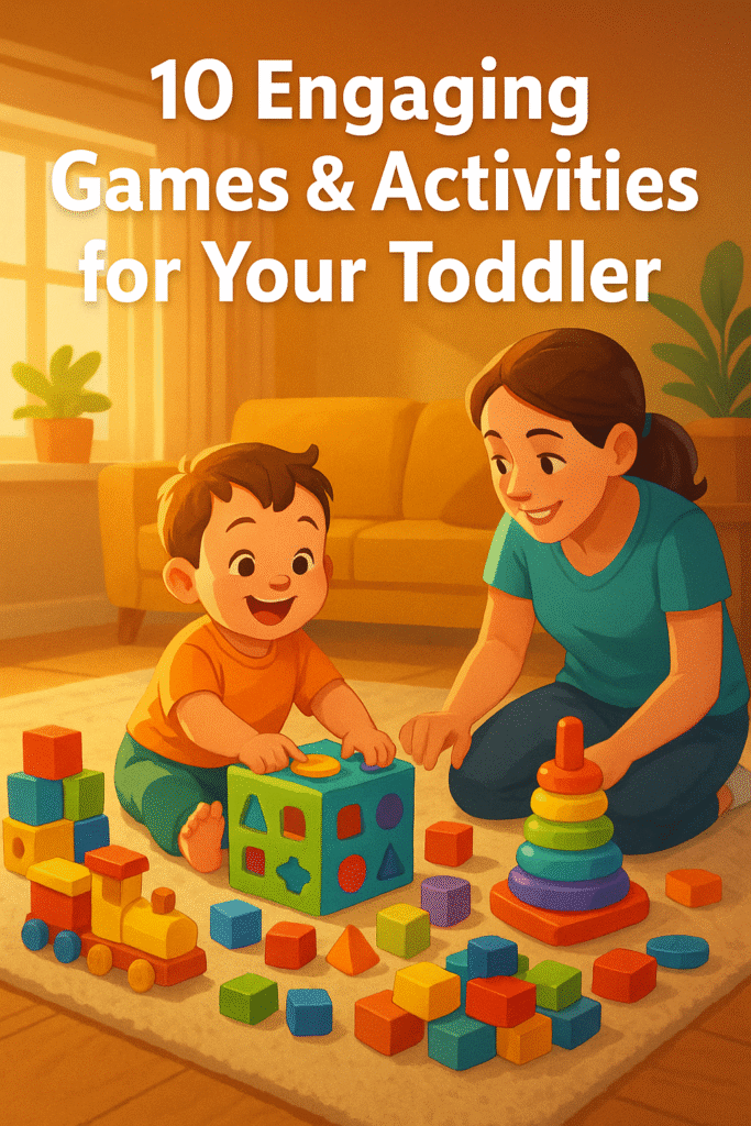 Toddler and parent playing on a living room floor with colorful shape sorters, stacking rings, and blocks under the text ‘10 Engaging Games & Activities for Your Toddler