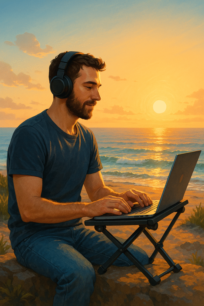 Software engineer sits on a portable stand by the seaside at sunrise, wearing headphones and typing on a laptop, waves breaking behind him.