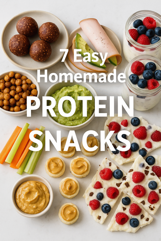 A clean white marble countertop displaying seven homemade protein snacks: almond-cacao energy balls, turkey-avocado roll-ups, berry parfait cups, roasted chickpeas, cottage cheese with pineapple, yogurt bark pieces, and peanut butter banana bites.