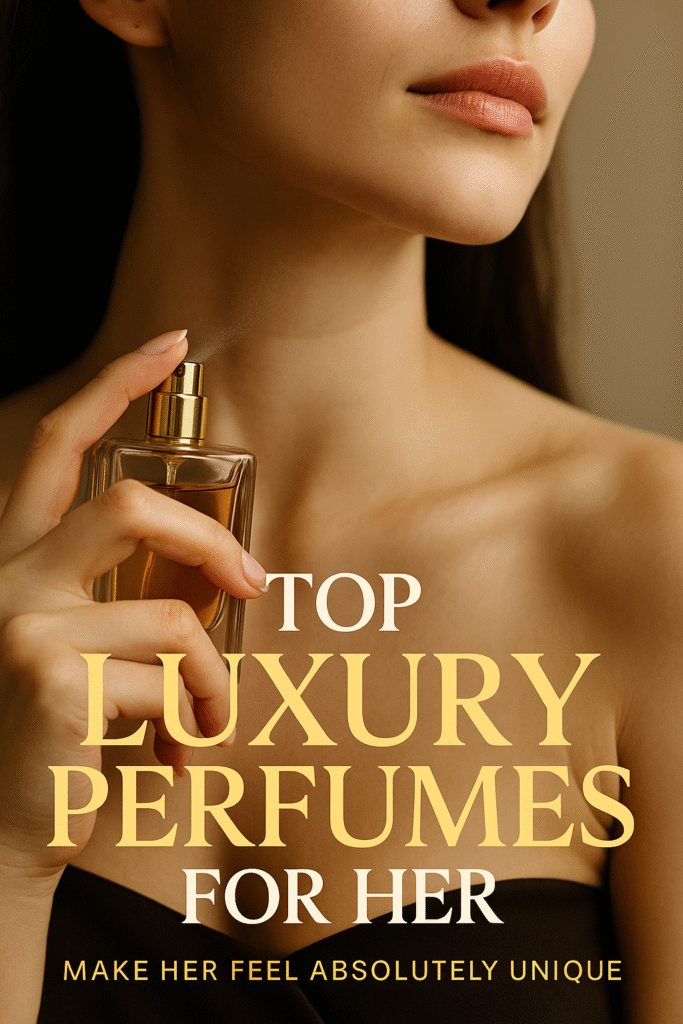 A glamorous close-up of a woman’s neck and décolletage as she applies a golden luxury perfume to her pulse point; bold white and gold text overlays read ‘TOP LUXURY PERFUMES FOR HER’ and ‘MAKE HER FEEL ABSOLUTELY UNIQUE.