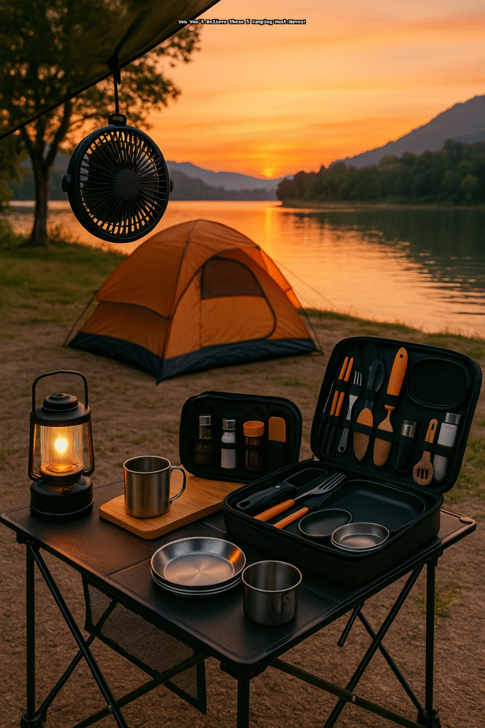 A lakeside summer campsite at sunset featuring a dome tent, a hanging rechargeable camping fan, a foldable table with stainless steel cooking utensils and a mug, and a portable lantern illuminating the setup. The sky is painted orange and purple, reflecting off the calm water, and bold white text at the top reads “You Won’t Believe These 5 Camping Must-Haves!
